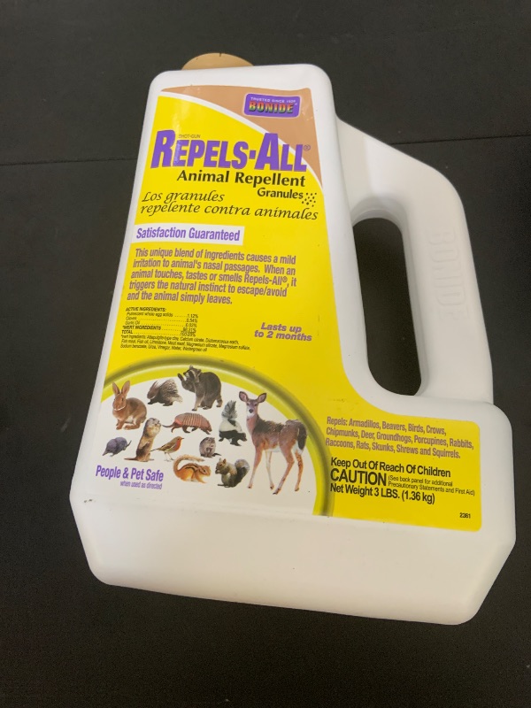 Photo 1 of Bonide Repels-All Animal Repellent Granules, 3 lbs. Ready-to-Use Deer & Rabbit Repellent, Deter Pests from Lawn & Garden