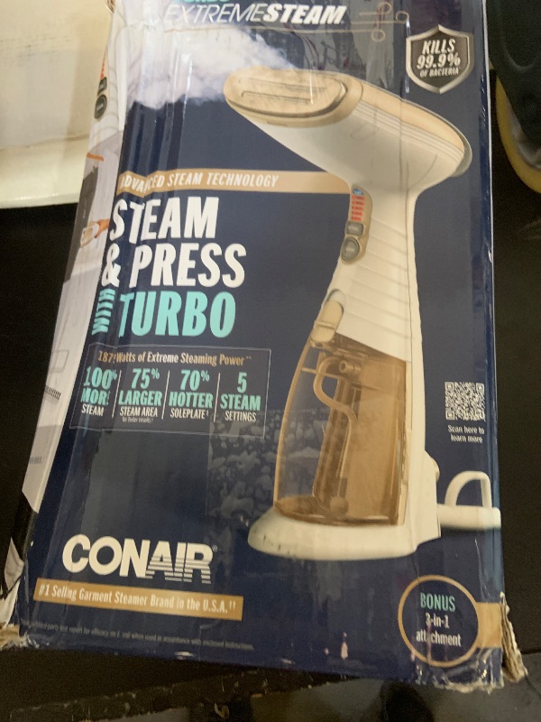 Photo 1 of Conair Handheld Garment Steamer for Clothes, Turbo ExtremeSteam 1875W Fabric Steamer, Portable Handheld Design, Strong Penetrating Steam, Amazon Exclusive, White/Champagne