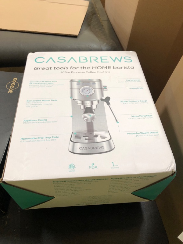 Photo 1 of CASABREWS CM5418 Espresso Machine 20 Bar, Compact Espresso Maker with Steam Milk Frother, Stainless Steel Coffee Machine with 34oz Removable Water Tank for Cappuccino, Latte, Silver