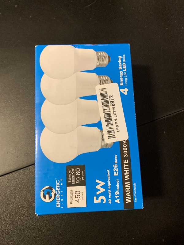 Photo 1 of ENERGETIC SMARTER LIGHTING 40W Equivalent A19 LED Light Bulb, Warm White 3000K, E26 Standard Base, ETL/UL Listed, Non-Dimmable LED Light Bulb, 4-Pack