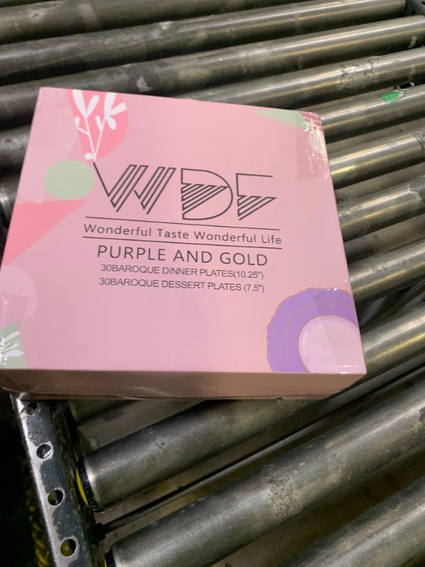 Photo 1 of WDF 60pcs Clear Purple Plates Disposable with Gold Rim - Baroque Lavender Purple Plastic Plates for Party/Wedding/Spring Picnic