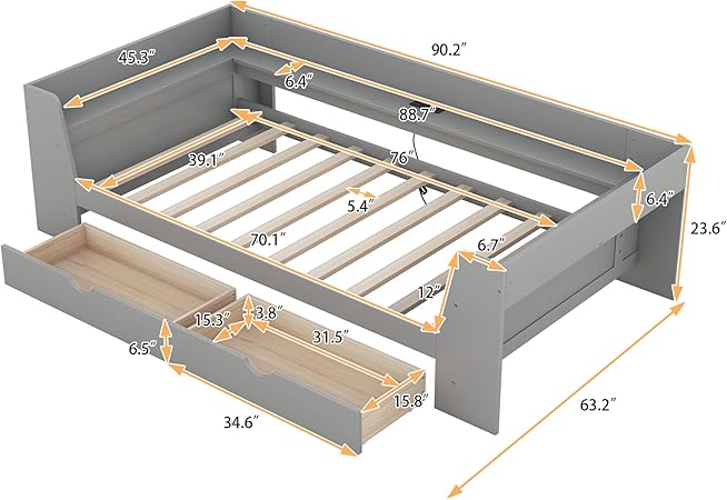 Photo 1 of 
Twin Size Daybed with Storage Drawers, Wooden Twin Daybed with Shelves and Built-In Charging Station, Dual-Use Daybed Sofa Kids Bed for Living Room ,Guest Room ,Children Room, Grey