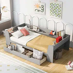 Photo 1 of 
Twin Size Daybed with Storage Drawers, Wooden Twin Daybed with Shelves and Built-In Charging Station, Dual-Use Daybed Sofa Kids Bed for Living Room ,Guest Room ,Children Room, Grey
