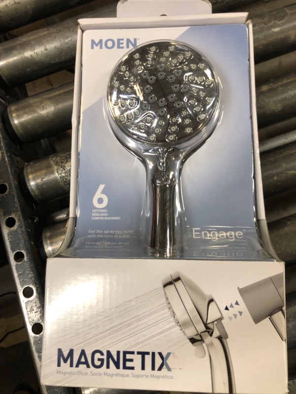 Photo 1 of Moen Engage Chrome Magnetix Six-Function 5.5-Inch Wide Handheld Shower Head with Hose and Magnetic Docking System, 26112
