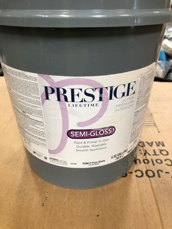 Photo 1 of PRESTIGE Paints Interior Paint and Primer In One, 5-Gallon, Satin, Comparable Match of Sherwin Williams* Alabaster*