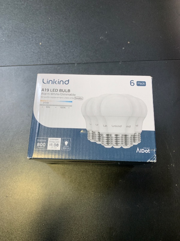 Photo 1 of Linkind A19 LED Light Bulbs Dimmable, 60W Equivalent, 2700K Soft White, 9.5W 800 Lumens, E26 Standard Base, UL Listed, Lighting for Bedroom Living Room Home Office, 6 Packs