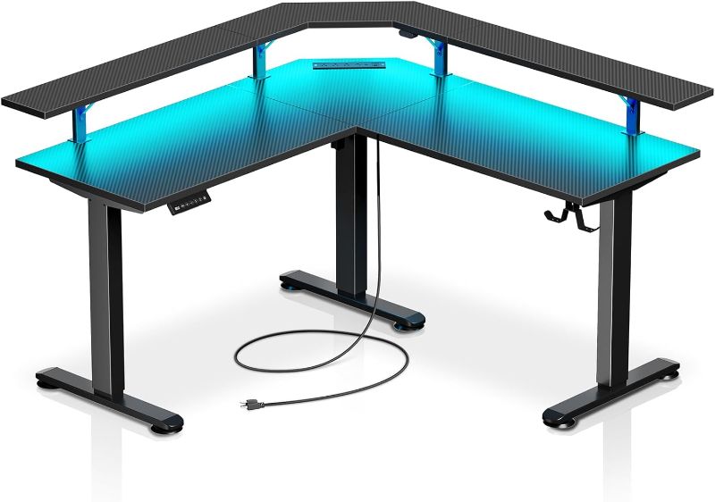 Photo 1 of Rolanstar Standing Desk L Shaped with LED Light and Power Outlet, Electric Height Adjustable Desk with Monitor Stand, Carbon Fiber