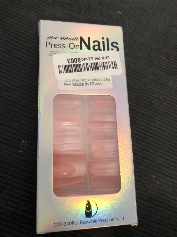 Photo 1 of 120 pcs French Tips Press on Nails Long Square Fake Nails White Tips False Nails Full Cover Acrylic Glue on Nails Coffin Nails Press ons with Adhesive Tabs for Women Manicure 12 Size