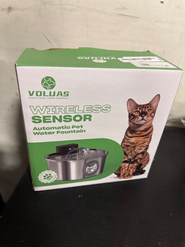 Photo 1 of Voluas Stainless Steel Cat Water Fountain: 108oz/3.2L 3-Modes Pet Drinking Fountain Wireless Indoor Cordless Kitty Super-Silent Sensoring Fountain with Dual Water Outlet