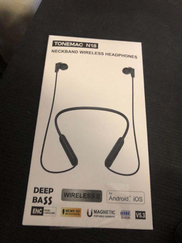 Photo 1 of TONEMAC N18 Neckband Bluetooth Earbuds, Wireless Bluetooth 5.2 Headphones with Microphone, Ultra-Lightweight Comfort, IPX7 Waterproof, Deep Bass Strong Beat, 20H Playtime, Magnetic Earphones -Black