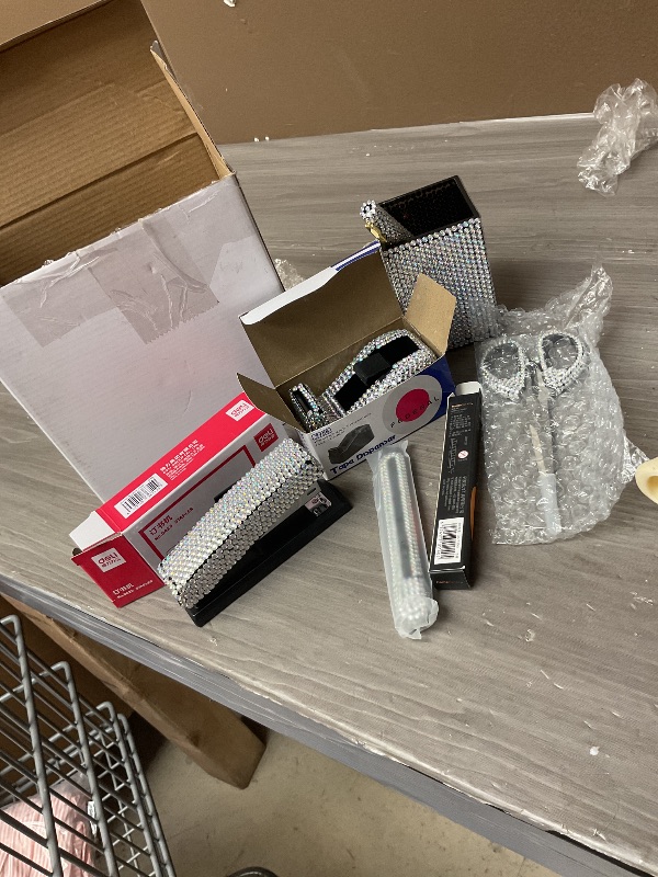 Photo 1 of 7 Pieces Bling Desk Accessories Set Glitter Crystal Office Stationery Kit for Women Diamond Tape Dispenser Rhinestone Stapler Card Holder Pencil Pot Holder Scissor Ballpoint Pens Knife(White)