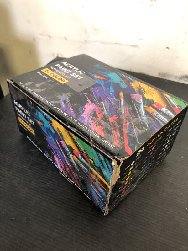 Photo 1 of Acrylic Paint Set, 24 Colors (2 oz/Bottle) with 12 Art Brushes, Art Supplies for Painting Canvas, Wood, Ceramic & Fabric, Rich Pigments Lasting Quality for Beginners, Students & Professional Artist