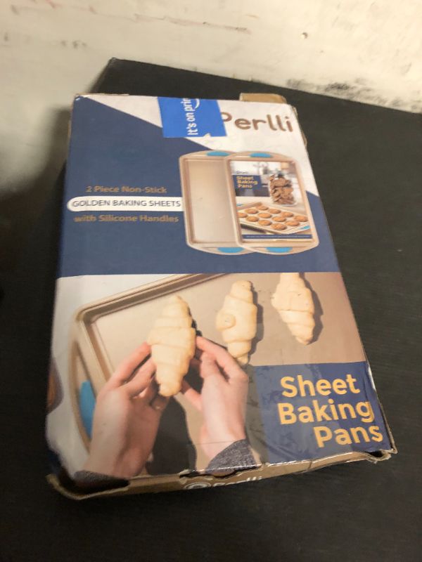 Photo 1 of Perlli Cookie Sheet Baking Pan 2 Piece Set, 9x13" Gold Nonstick Trays with Blue Silicone Hand Grips Oven Bakeware Pans Set, Premium Quality Carbon Steel Baking Tray Sheets
