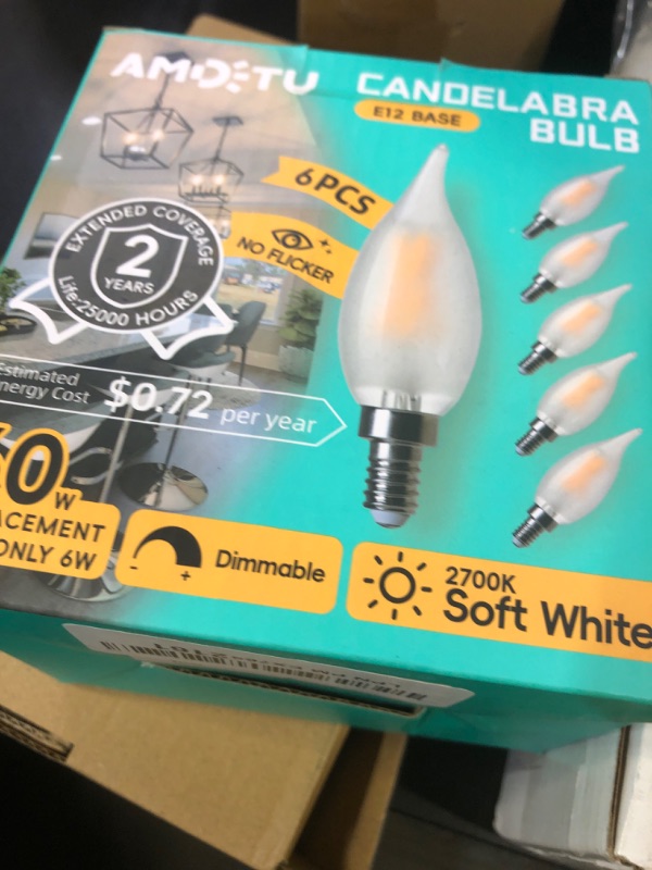 Photo 1 of E12 60 Watt Equivalent Frosted LED Candelabra Bulb Candle CA10 Chandelier Light 2700K Soft White Dimmable E12 Base, Ideal for Dining Rooms, Living Rooms, Long-Lasting Light for Cozy Indoor Settings