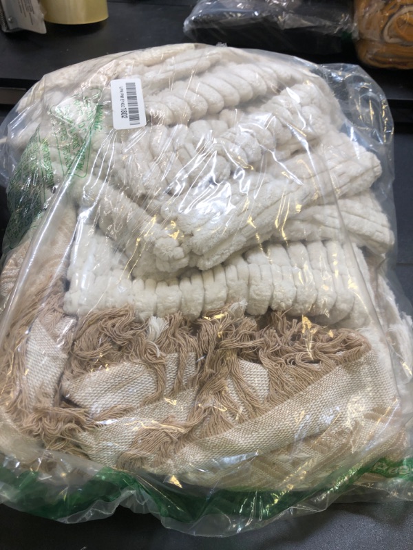 Photo 1 of Beeveer 91 x 71 Extra Large Outdoor Boho Picnic Blanket with Beige White Table Runner and 6 Throw Pillow Covers Woven Cotton Yarn Oversize Beach Blanket Washable for Summer Picnic Camp Beach Wedding
