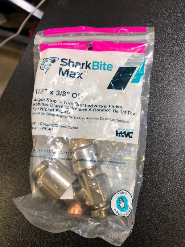 Photo 1 of SharkBite Max 1/2 x 3/8 Inch Compression Angle Stop Valve, Quarter Turn, Push to Connect Brass Plumbing Fitting, Brushed Nickel Finish, PEX Pipe, Copper, CPVC, PE-RT, HDPE, UR23036BN