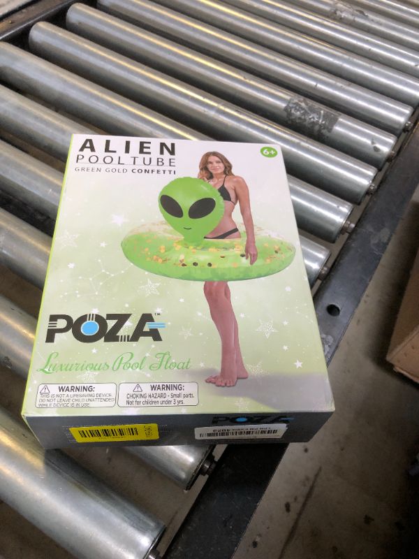 Photo 1 of POZA Inflatable Alien Pool Float Tube - Heavy Duty Vinyl UV Resistant Confetti Pool Alien Floatie, Cool Pool Float Swim Ring Pool Inflatables for Kids, Adults for Beach, Party, Vacation - Green Gold