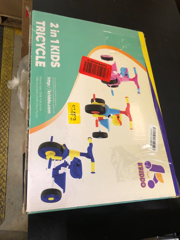 Photo 1 of KRIDDO 2 in 1 Kids Tricycles Age 18 Month to 3 Years, EVA Wheels Upgraded Trikes Gift for Toddlers 2 to 3 Year Old with Push Handle and Duck Bell, Blue