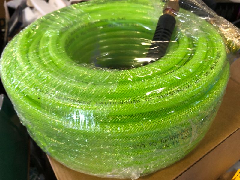 Photo 1 of FYPower Air Compressor Hose 1/4 Inch x 100 Feet Reinforced Polyurethane (PU) Air Hose with Fittings, Bend Restrictors, 1/4" Industrial Quick Coupler and Plug Kit, Green