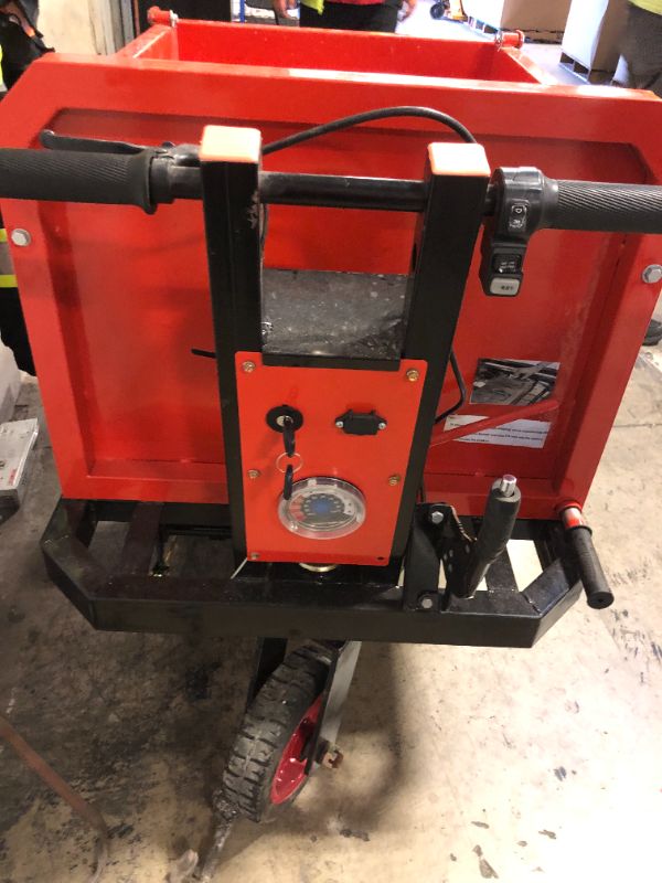 Photo 1 of Electric Steel Transport Cart 2300lbs Capacity Power Material Handling Side Detachable, Construction Cart with Motor Braking, Includes Replacement Accessories, Standing Model, Red
