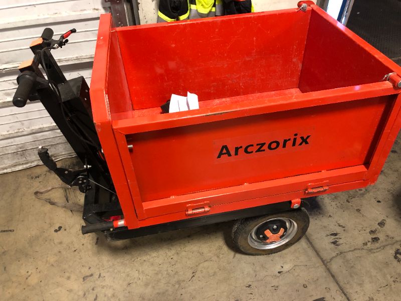 Photo 1 of Electric Steel Transport Cart 2300lbs Capacity Power Material Handling Side Detachable, Construction Cart with Motor Braking, Includes Replacement Accessories, Standing Model, Red
