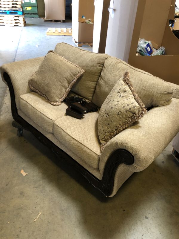 Photo 1 of Roundhill Furniture Hernen Carved Wood Frame Loveseat, Beige Wheat