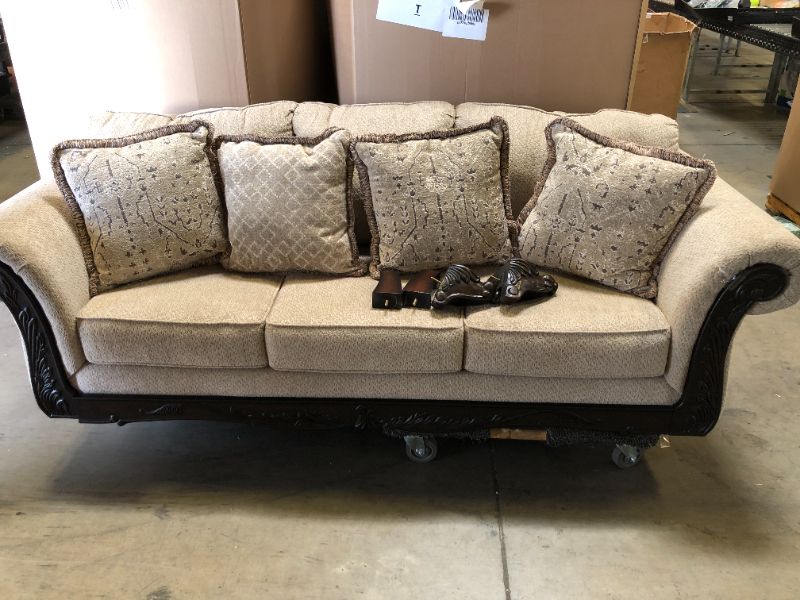 Photo 1 of Roundhill Furniture Hernen Carved Wood Frame Sofa, Beige Wheat