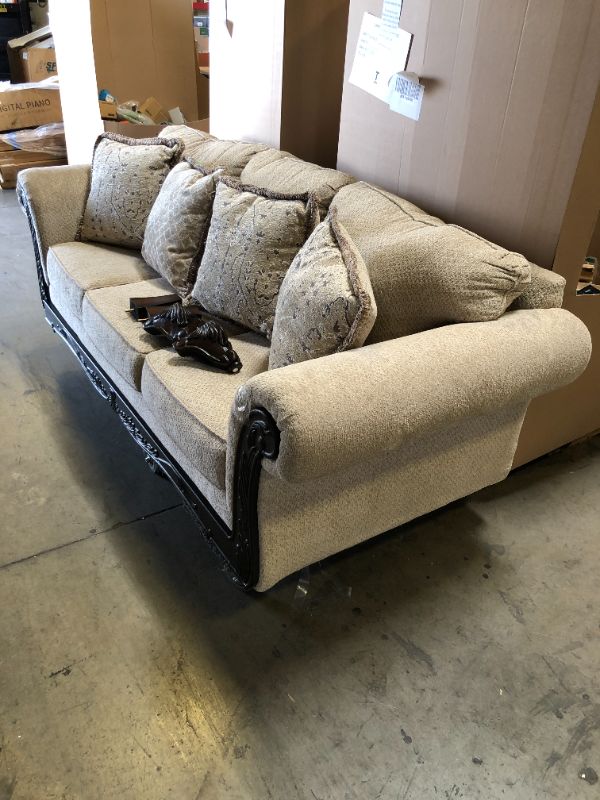 Photo 1 of Roundhill Furniture Hernen Carved Wood Frame Sofa, Beige Wheat