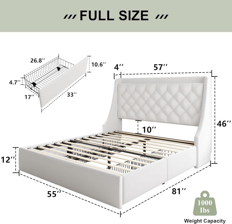 Photo 1 of  Feonase Upholstered Full Size Bed Frame with 4 Storage Drawers, Charging Station, Tufted Wingback Storage Headboard, No Box Spring Needed, Easy Assembly, White
