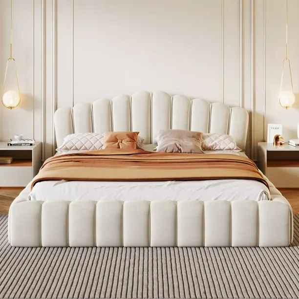 Photo 1 of Incompletet--- DAJU Modern Velvet Queen Size Upholstered Grounded Bed Frame Floor Bed with Shell Shaped Headboard for Bedroom No Box Spring Needed Beige