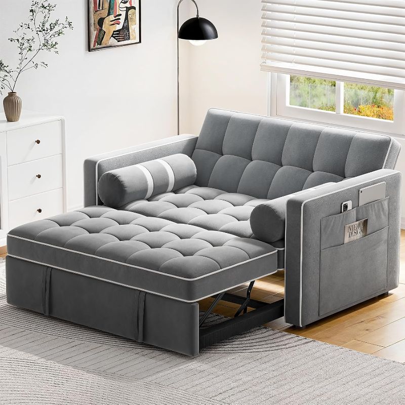 Photo 1 of incomplete-------- Pipishell 3-in-1Convertible Sofa Bed,Velvet Pull Out Couch, Loveseat Sleeper Sofa Couches for Living Room with USB Ports, Side Pockets,Adjustable Backrest,Futon Couch,Sectional Sofa Bed, Gray
