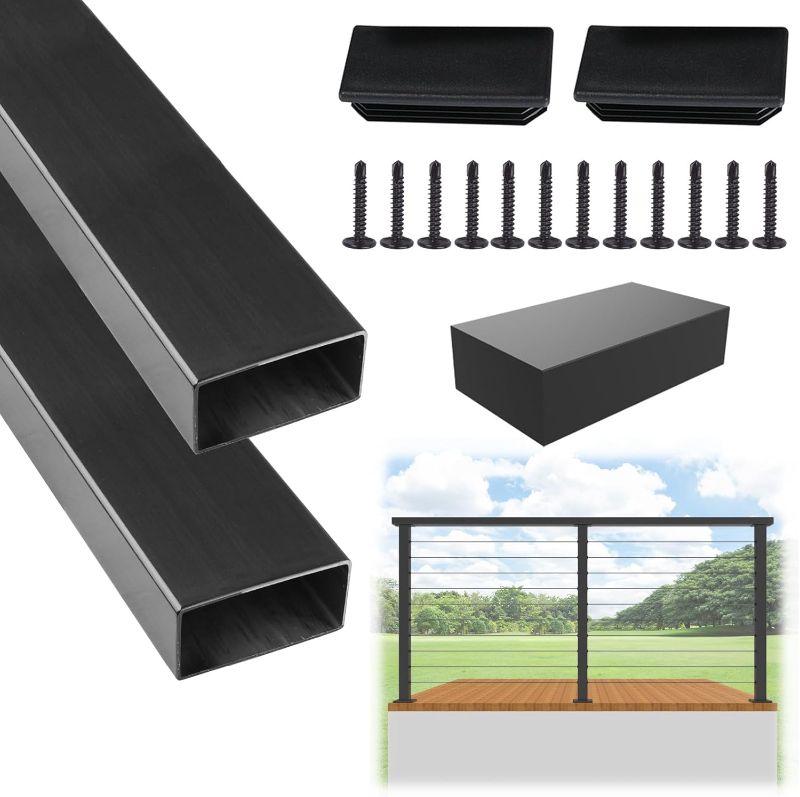 Photo 1 of 6.5Feet Black Stainless Steel Handrail, Rectangular Handrail Top Rail with SS304 End Cap and POM Connector for Indoor Outdoor Deck Stair Cable Railing System, 2Pack
