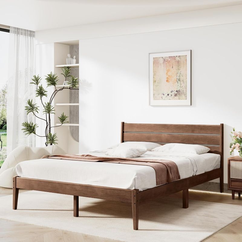 Photo 1 of Full Bed Frame, Mid Century Platform Bed Frame with Ladder Headboard, Malaysian Oak Bedframe with Solid Wood Foundation, Noise-Free, Easy Installation, Full Size, Antique Espresso