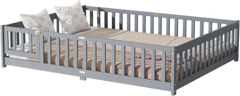 Photo 1 of Queen Size Montessori Floor Bed with Safety Fence & Door, Natural Rubber Wood Frame, Low-Profile Design with Guardrails, Toddler & Kids Floor Bed, Easy Access (White)