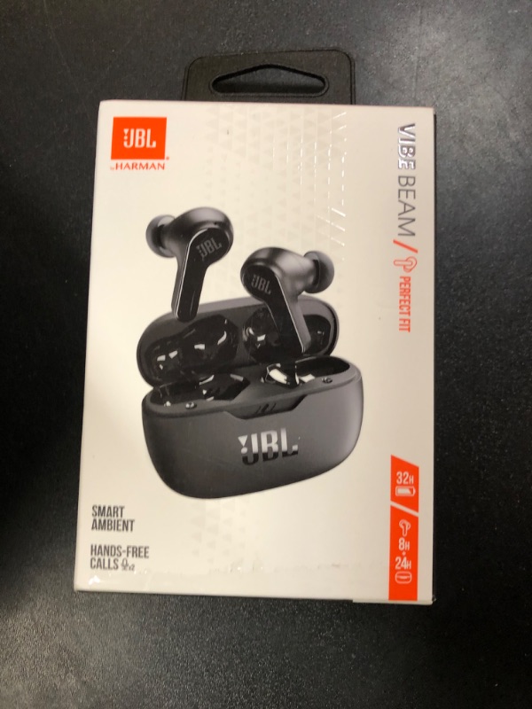 Photo 1 of JBL Vibe Beam - True Wireless JBL Deep Bass Sound Earbuds, Bluetooth 5.2, Water & Dust Resistant, Hands-free call with VoiceAware, Up to 32 hours of battery life (Black)