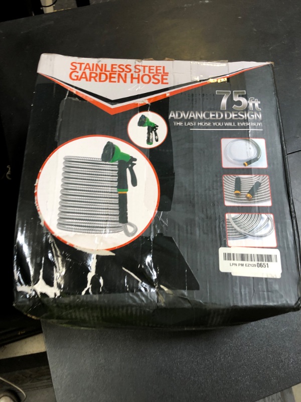 Photo 1 of Unywarse Garden Hose 75ft, Stainless Steel Heavy Duty Water Hose with 10 Function Nozzle Flexible, Lightweight, No-Kink, Pet Proof, Puncture Proof Metal Hose for Yard, Outdoor