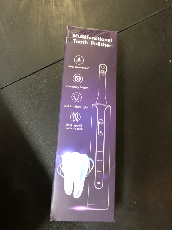 Photo 1 of Tooth Polisher, Rechargeable Teeth Polisher with 5 Brush Heads, 4 Speed Modes, Tooth Whitening Kit for Cleaning and Polishing, LED Light, 3 Polish Pastes, IPX6 Waterproof Teeth Cleaning Tools, Black