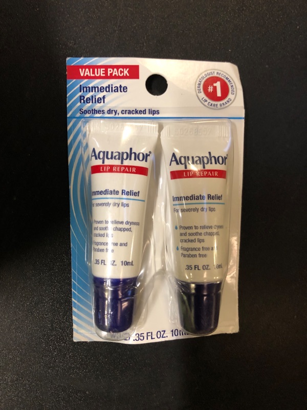 Photo 1 of Aquaphor Lip Repair Ointment, Moisturizing Lip Balm Pack, Relieves Dryness, 0.35 Tube, Pack of 2