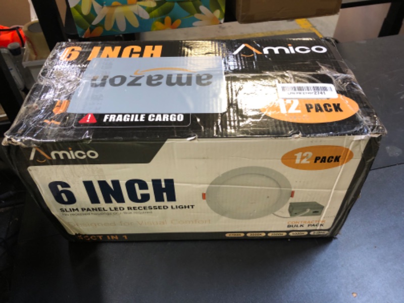 Photo 1 of Amico 12 Pack 6 Inch 5CCT Ultra-Thin LED Recessed Ceiling Light with Junction Box, 1050LM Brightness, Dimmable Canless Wafer Downlight, 12W, ETL&FCC
