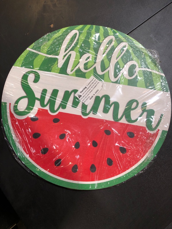 Photo 1 of Hello Summer Watermelon Sign for Front Door Wood Hanger Outdoor Outside Porch Decor, Seasonal Farmhouse Wooden Wreath Indoor Wall Hanging Decoration 12x12inch