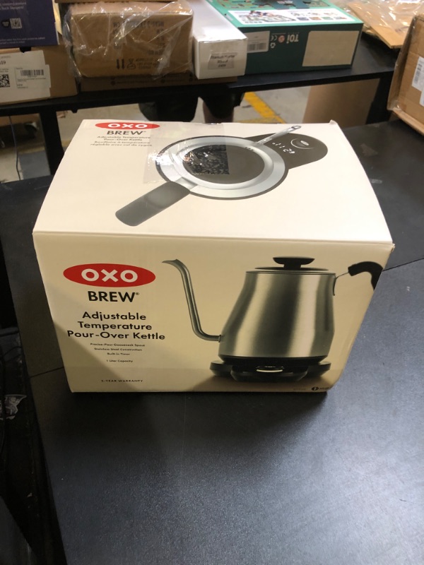Photo 1 of OXO Brew Gooseneck Electric Kettle – Hot Water Kettle, Pour Over Coffee & Tea Kettle, Adjustable Temperature, Built-In Brew Timer, Stainless Steel, 1L?