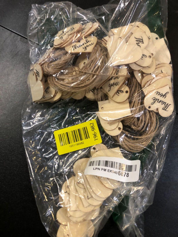 Photo 1 of 100 Pieces Thank You Tags Wood Thank You Gift Tags with String Heart Shape for Baby Shower Wedding Party Favor