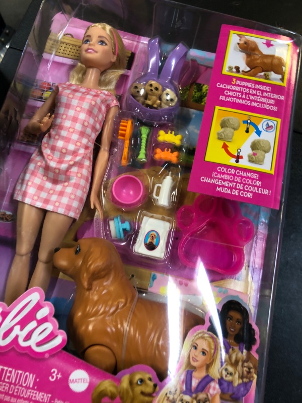 Photo 1 of Barbie Doll & Pets Set, Blonde with Mommy Dog, 3 Newborn Puppies with Color-Change Feature & Pet Accessories