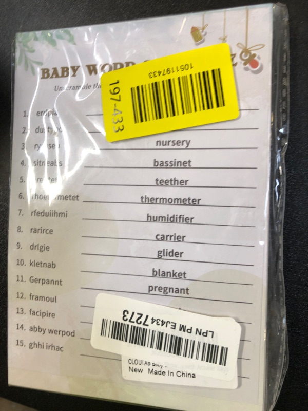 Photo 1 of OLOUTAB Baby Shower Games for Boy or Girl,Baby Shower Word Scramble- 50 Sheets, Gender Neutral,Hilarious, Fun and Easy to Play,with Answer Keys