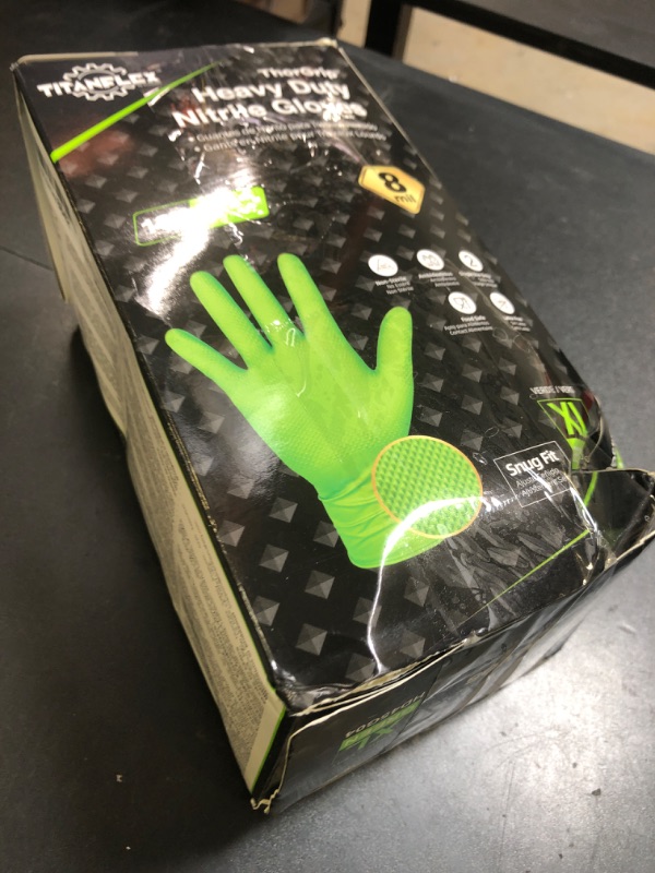 Photo 1 of TitanFlex ThorGrip Heavy Duty Green Industrial Nitrile Gloves, 8-mil, XL, Box of 100, Latex Free, Raised Diamond Texture Grip, Powder Free, Food Safe, Rubber Gloves, Mechanic Gloves