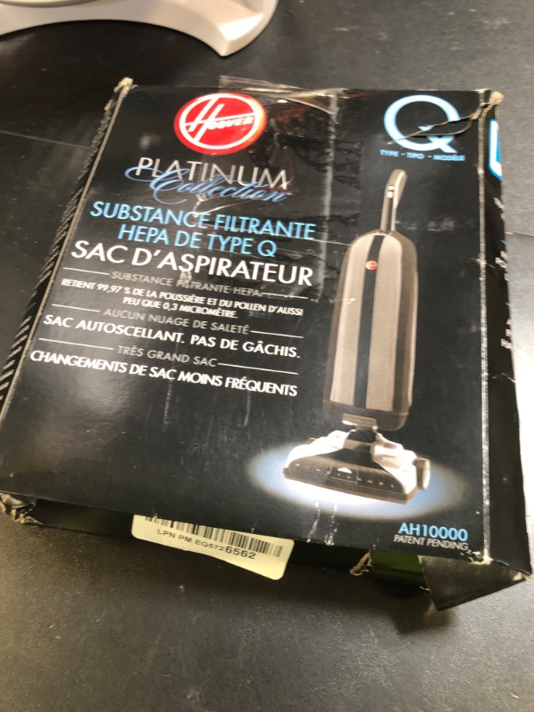 Photo 1 of Hoover Vacuum Cleaner Bags for Platinum Upright Vacs, Pack of 2, Type Q, Hepa Filtration, Part # AH10000, Hoover Vacuum Bags Refill