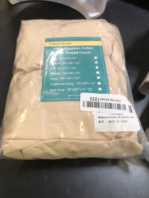 Photo 1 of 100% Egyptian Cotton Fitted Sheet Twin-XL/Split King Size, 600 Thread Count, Single Fitted Sheet Only,8”-16" Deep Pocket Sheet, Soft & Elastic Sateen Weave Bottom Sheet (Beige-Stripe, Twin-XL)