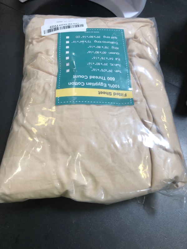 Photo 1 of 100% Egyptian Cotton Fitted Sheet Twin-XL/Split King Size, 600 Thread Count, Single Fitted Sheet Only,8”-16" Deep Pocket Sheet, Soft & Elastic Sateen Weave Bottom Sheet (Beige-Stripe, Twin-XL)