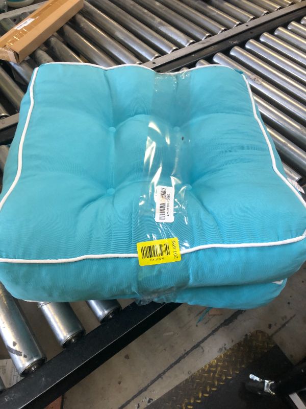 Photo 1 of HARBOREST Outdoor Chair Cushions Set of 2, Tufted Patio Chair Cushions with Ties, Square Corner Outdoor Cushions for Patio Furniture, Lawn Chairs, Wicker Chairs, 17" x 17" x 5", Teal