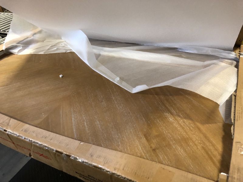 Photo 1 of -MISSING OTHER BOXES FROM SET- Merax 6-Piece Retro Dining Set, 1 Rectangular Table with Stable Trapezoidal Table Base and 4 Upholstered Chairs and 1 Bench for Dining Room and Kitchen, Natural Wood Wash